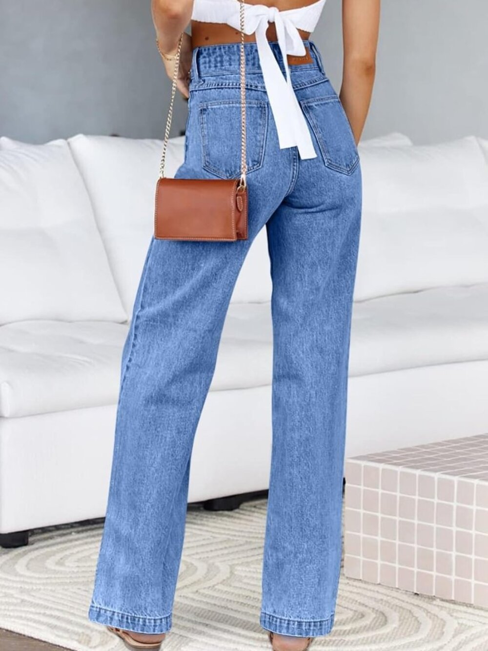 Sidefeel Women's High Waist Wide Leg Straight Jeans Size 14 Sky Blue Stretchy - Picture 2 of 6